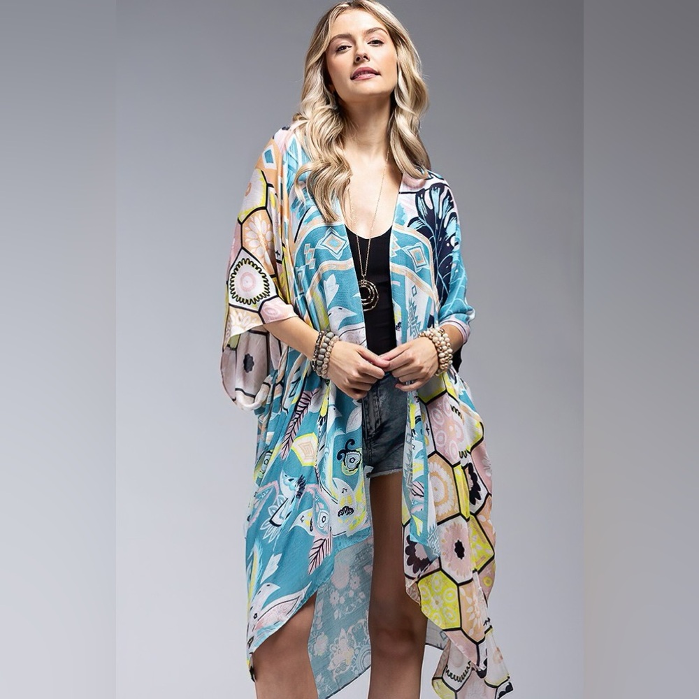 41. 🛑 LAST 2! COST Bohemian floral kimono cardigan Multicolor pink blue colorful - Picture 4 of 5